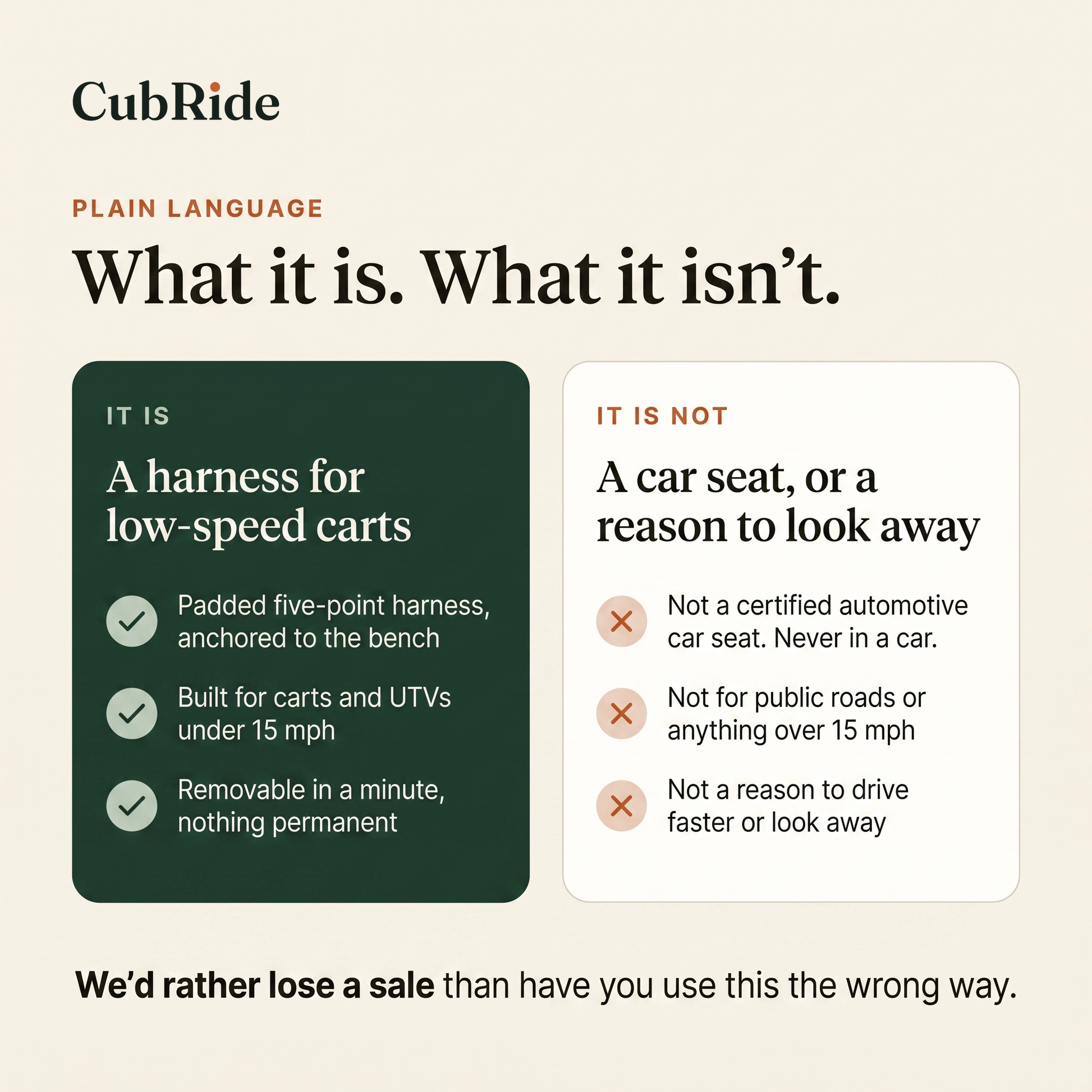 What CubRide is: a harness for low-speed carts. What it is not: a car seat