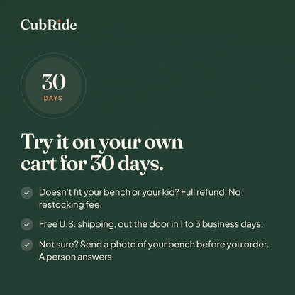 Try CubRide on your own cart for 30 days: full refund, free U.S. shipping, fit check before you order