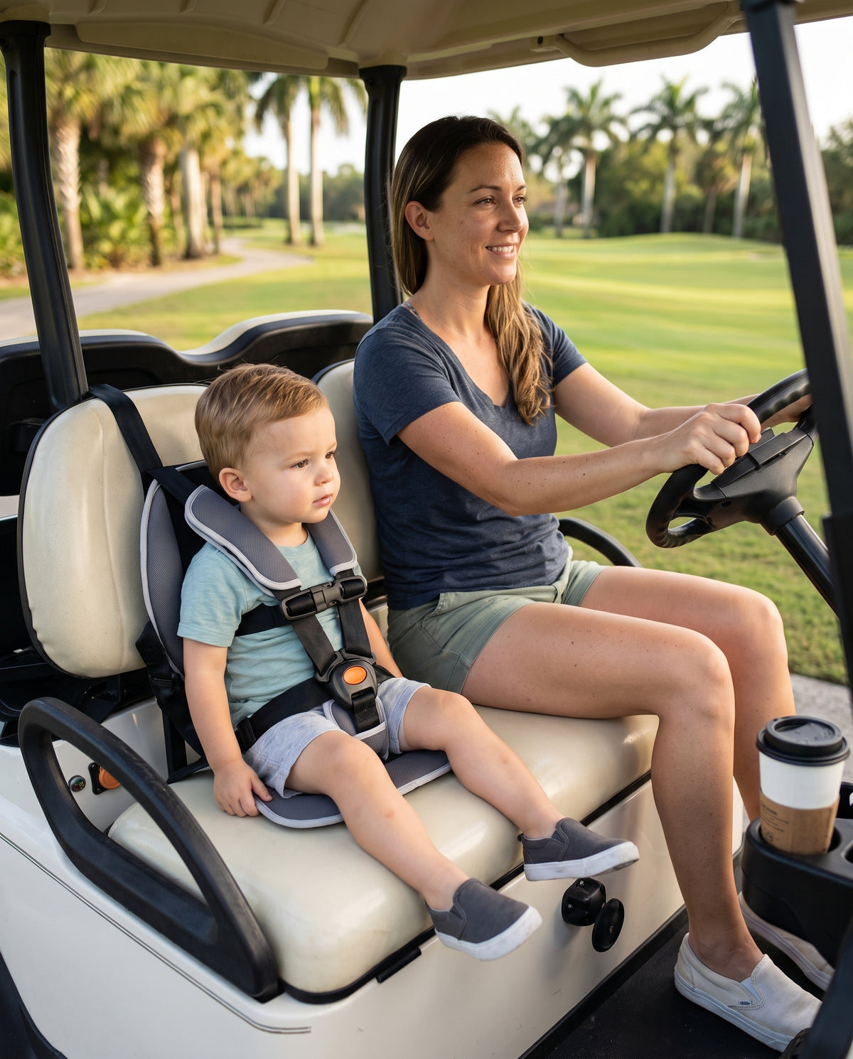 Parent driving a golf cart with a toddler clipped into a CubRide harness beside them
